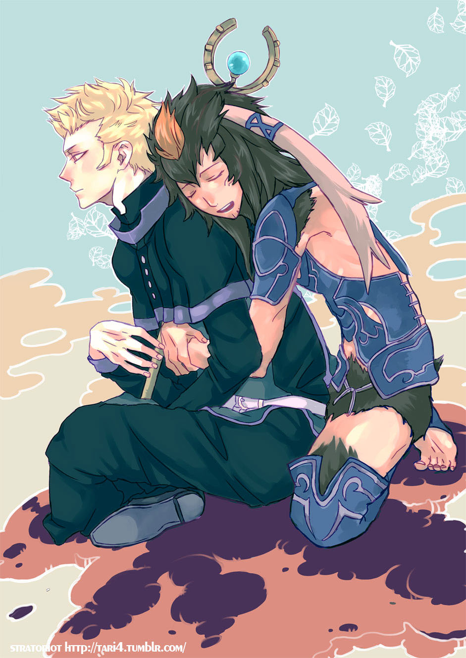 2boys, animal_ears, barefoot, blonde_hair, bredy_(fire_emblem), brown_hair, capelet, chambray