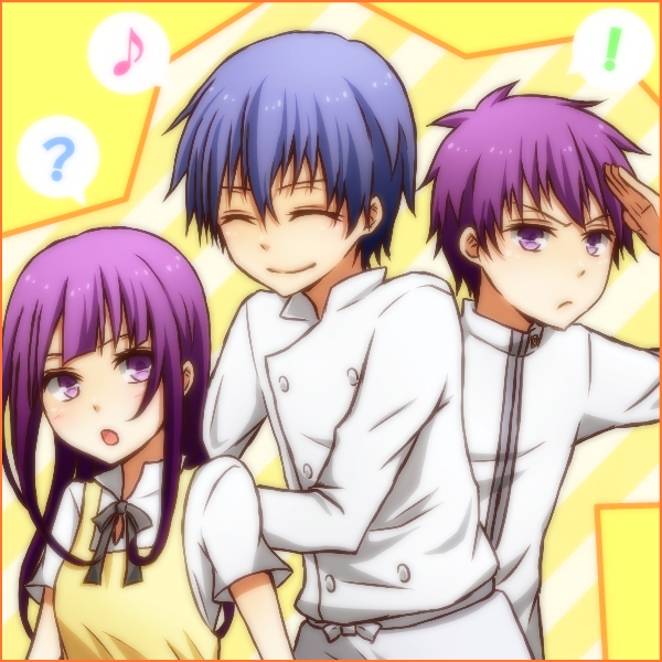 1girl, 2boys, blue_hair, closed_eyes, long_hair, multiple_boys, purple_hair, school_uniform