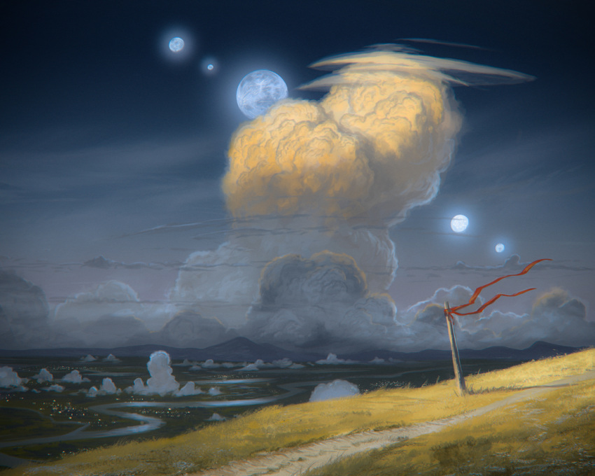 clouds, full_moon, grass, justinas_vitkus, landscape, moon, multiple_moons, no_humans