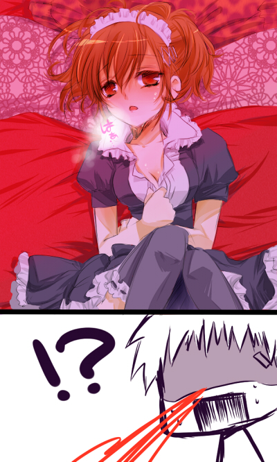 blush, breasts, female_protagonist_(persona_3), hair_ornament, hairclip, ichimatsu_shiro, maid, nosebleed