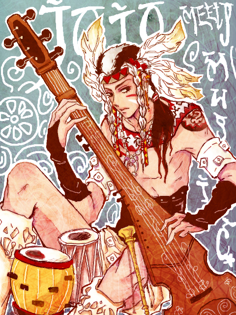1boy, braid, feathers, headband, icoico, instrument, jojo_no_kimyou_na_bouken, native_american