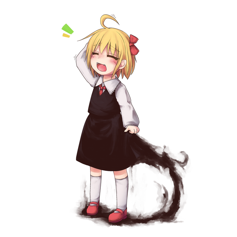 ahoge, bad_id, blonde_hair, blush, bow, closed_eyes, darkness, fang, hair_bow, open_mouth, rumia, rune_(solitonbeam), smile, socks, solo, touhou