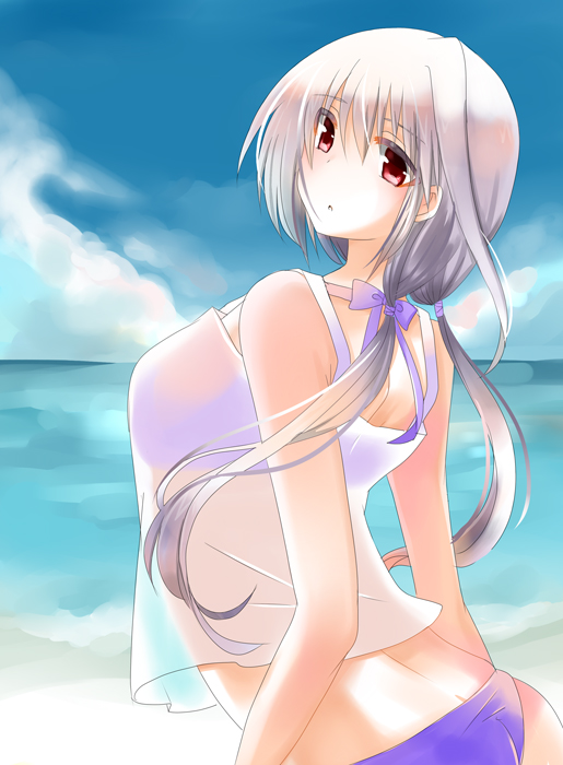 1girl, :o, alternate_hairstyle, beach, bikini, bow, breasts, clouds