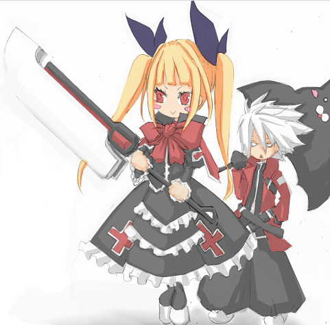 1boy, 1girl, :>, :<, blazblue, blonde_hair, boots, bow