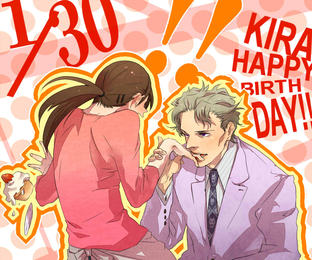 1boy, 1girl, birthday, blonde_hair, couple, dated, formal, hand_kiss, happy_birthday, hellclean, hetero, jojo_no_kimyou_na_bouken, kawajiri_shinobu, kira_yoshikage, kiss, necktie, ponytail, suit
