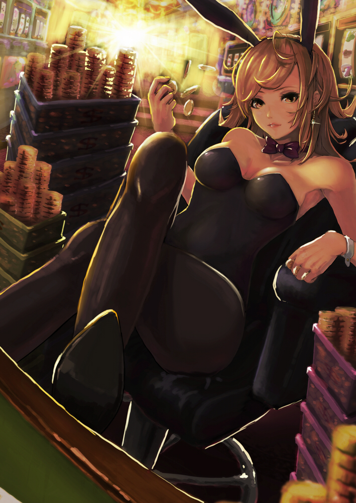 1girl, animal_ears, bare_shoulders, black_legwear, blonde_hair, bowtie, breasts, bunny_girl