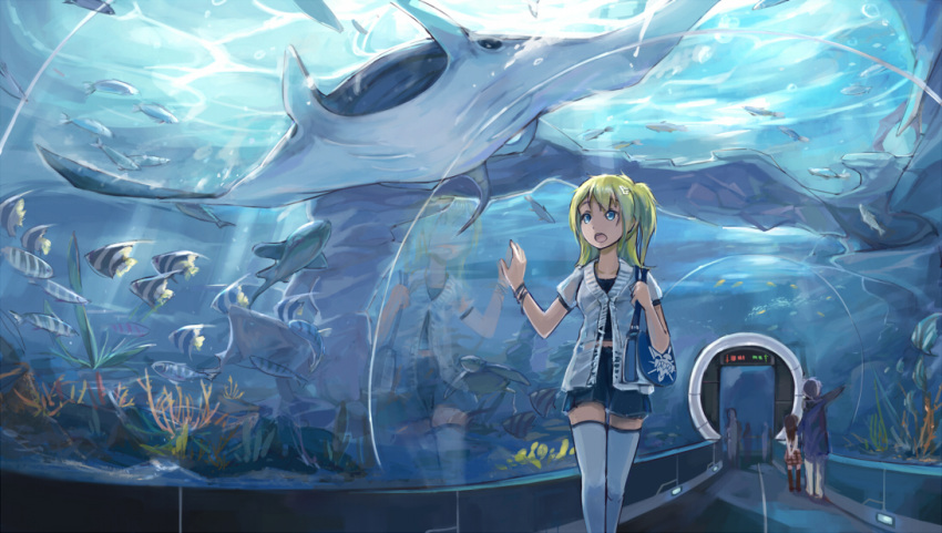 1girl, aquarium, aquarium_tunnel, bag, blonde_hair, blue, blue_eyes, bracelet
