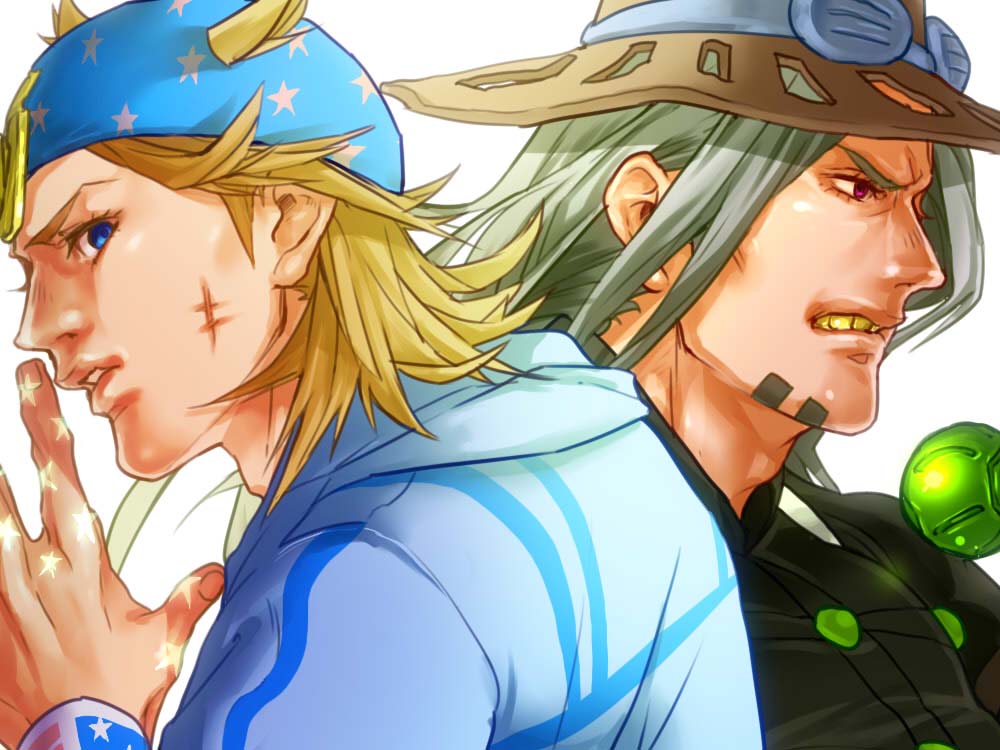 2boys, ball, beanie, blonde_hair, blue_eyes, grey_hair, gyro_zeppeli, hat