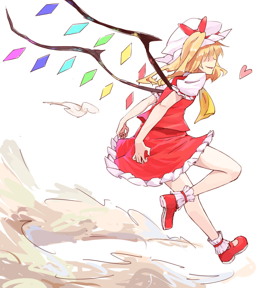 1girl, ankle_cuffs, ascot, bare_legs, blonde_hair, bow, flandre_scarlet, grin