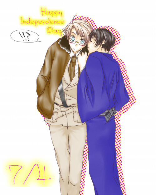 !!?, 2boys, ahoge, america_(hetalia), axis_powers_hetalia, black_hair, blonde_hair, blue_eyes