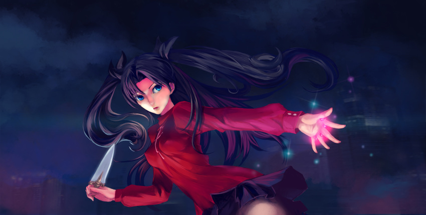 1girl, absurdres, azoth_knife, between_fingers, black_hair, blue_eyes, dagger, fate/stay_night, fate_(series), gem, glowing, hair_ribbon, highres, kikira, long_hair, magic, ribbon, solo, tohsaka_rin, toosaka_rin, two_side_up, weapon