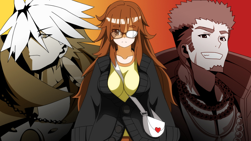 1girl, 2boys, brown_hair, collar, fate/extra, fate/extra_ccc, fate_(series), glasses