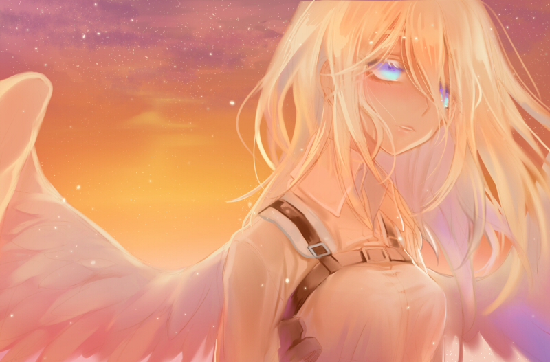 1girl, angel_wings, backlighting, blonde_hair, blue_eyes, christa_renz, feathered_wings, floating_hair, hair_over_one_eye, parted_lips, saharan, shingeki_no_kyojin, short_hair, solo, sunset, wings