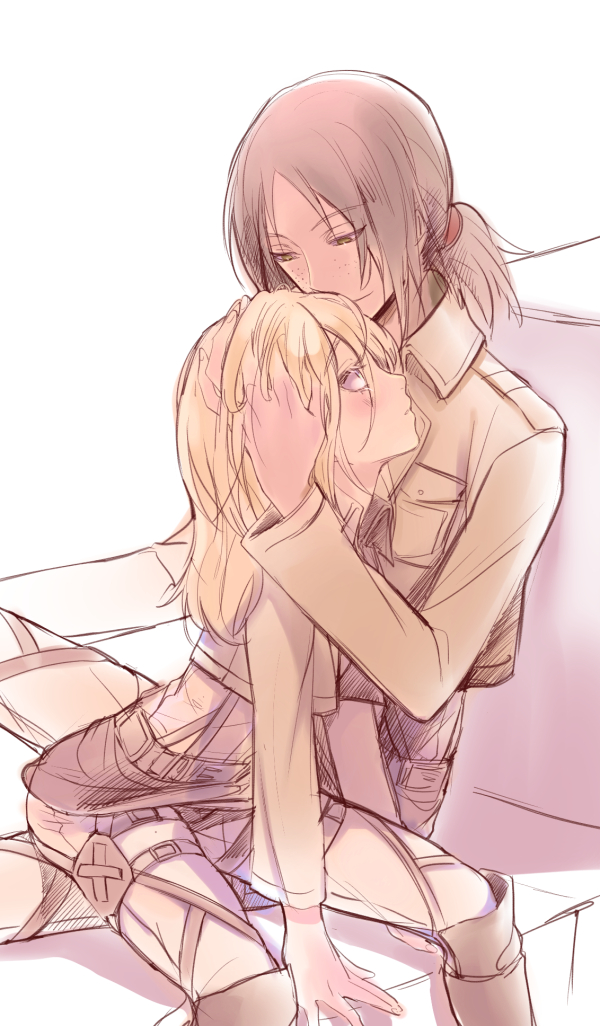 2girls, blonde_hair, christa_renz, flat_gaze, hair_grab, hand_on_head, looking_up, multiple_girls