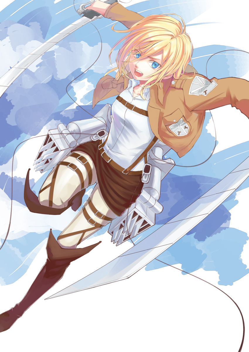 1girl, absurdres, blade, blonde_hair, blue_eyes, boots, buckle, christa_renz