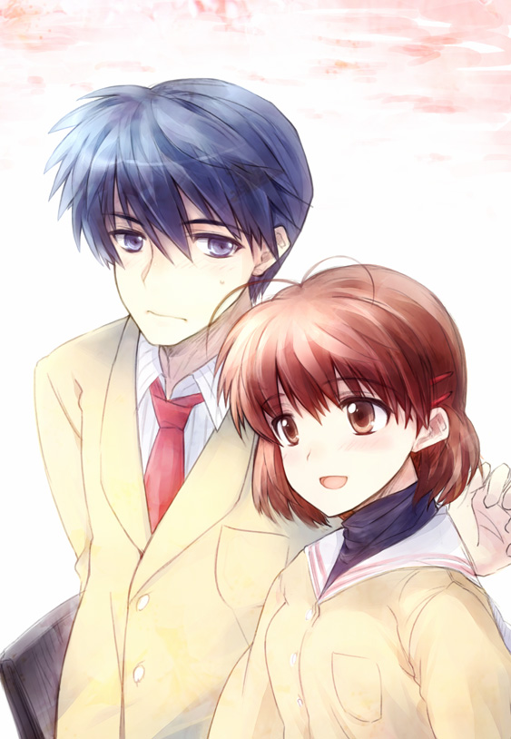 1boy, 1girl, blue_eyes, blue_hair, brown_eyes, brown_hair, clannad, couple