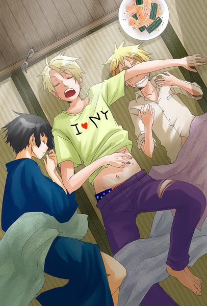 3boys, america_(hetalia), axis_powers_hetalia, bare_foot, black_hair, blonde_hair, glasses, japan_(hetalia), jeans, melon, open_mouth, shirt, sleeping, t-shirt, thick_eyebrows, underwear, united_kingdom_(hetalia), watermelon