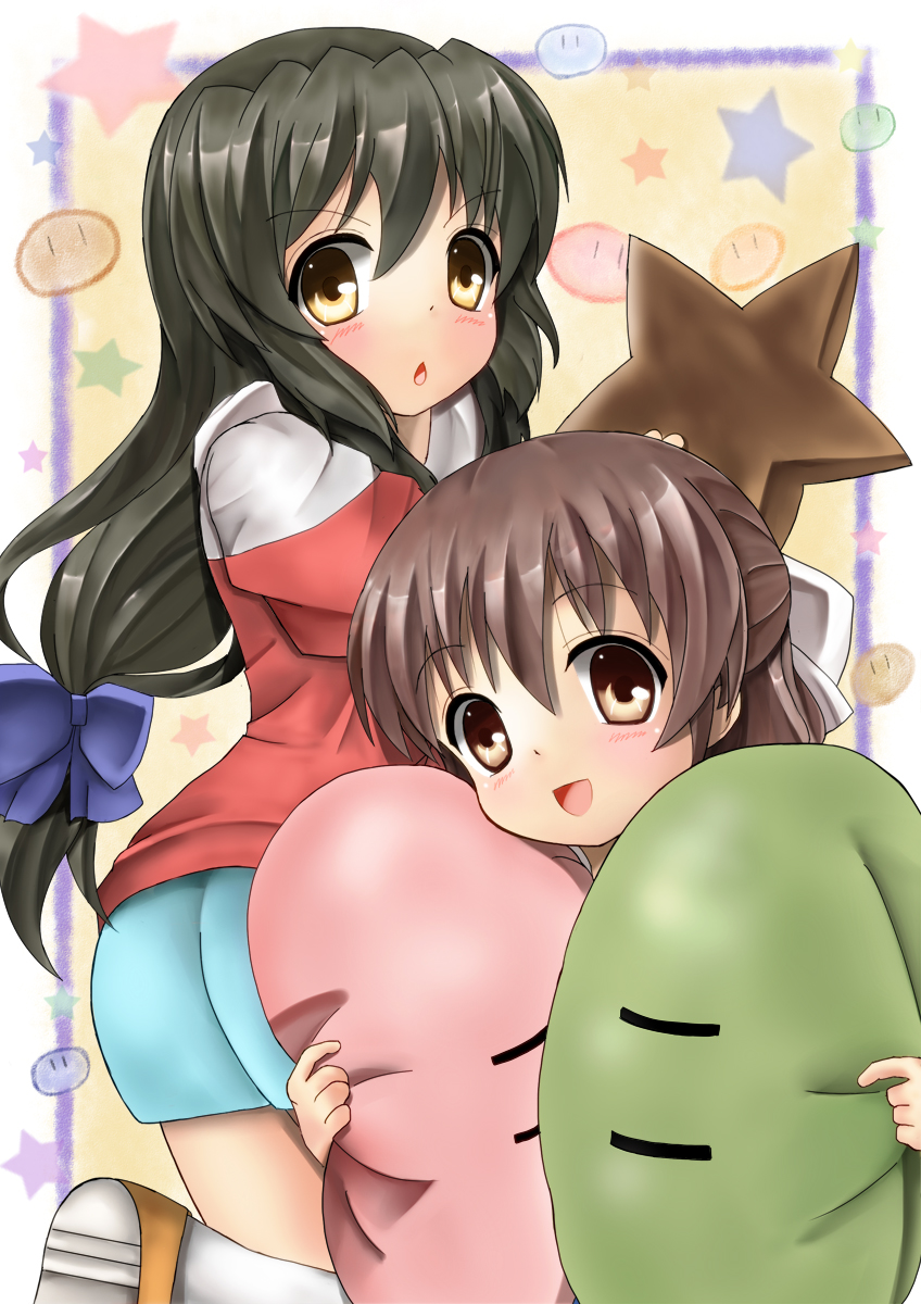 2girls, black_hair, brown_eyes, brown_hair, casual, clannad, dango_daikazoku, highres