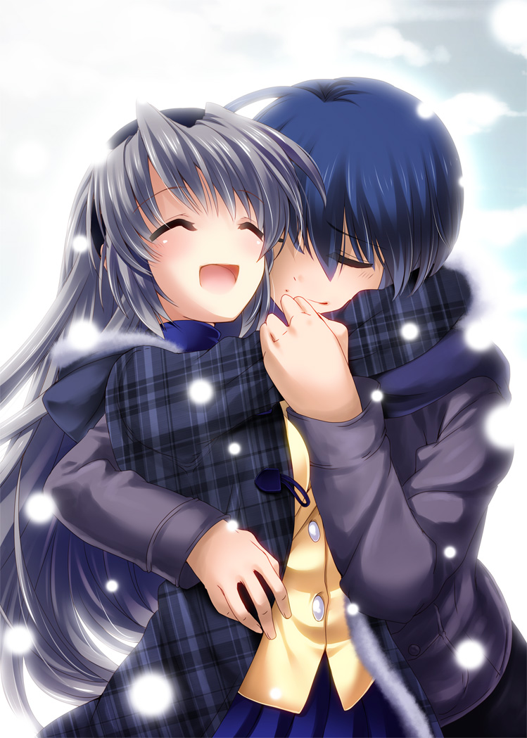 1boy, 1girl, blue_hair, clannad, closed_eyes, coat, hug, long_hair, okazaki_tomoya, sakagami_tomoyo, school_uniform, short_hair, silver_hair, tsukasaki_aoi