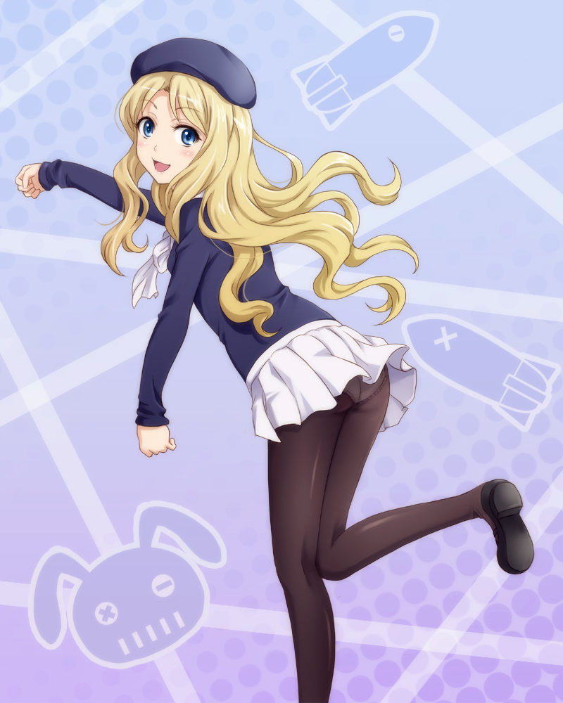 1girl, :d, ass, beret, black_legwear, blonde_hair, blue_eyes, blush