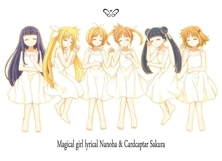 6+girls, bare_shoulders, barefoot, black_hair, blonde_hair, cardcaptor_sakura, closed_eyes, copyright_name