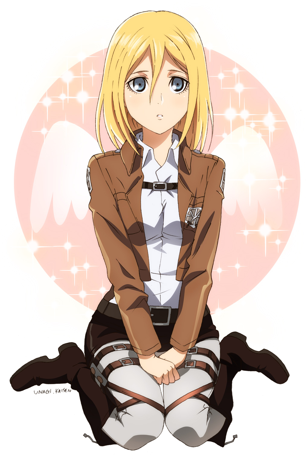 1girl, artist_name, blonde_hair, blue_eyes, boots, christa_renz, circle, full_body
