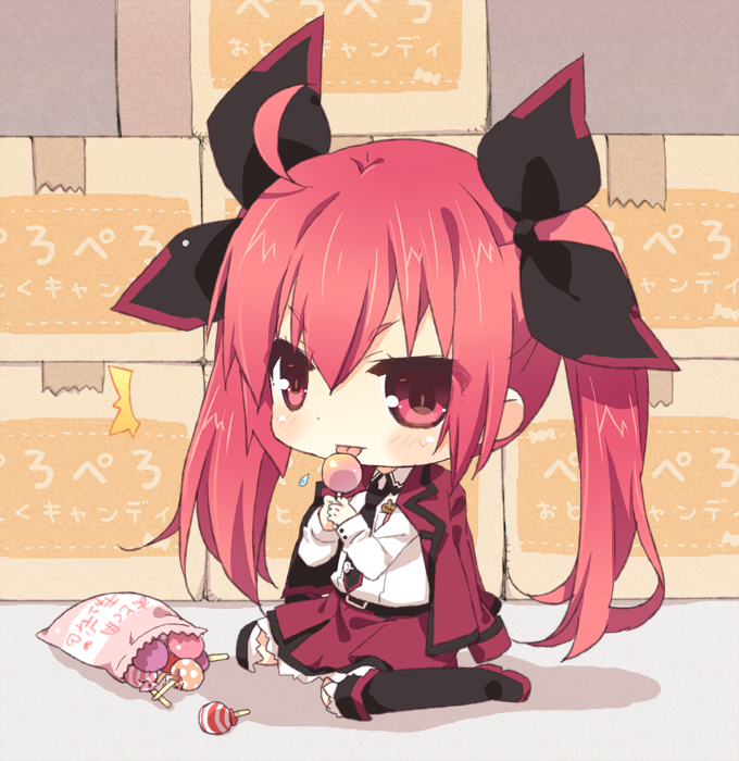 1girl, ahoge, belt, box, candy, cardboard_box, chibi, date_a_live