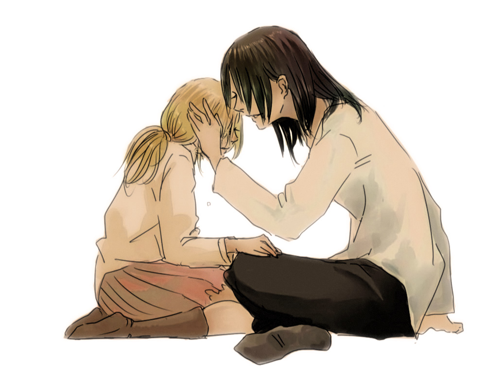 2girls, ajitsuke_nori, boots, christa_renz, hair_down, hair_over_eyes, multiple_girls, ponytail