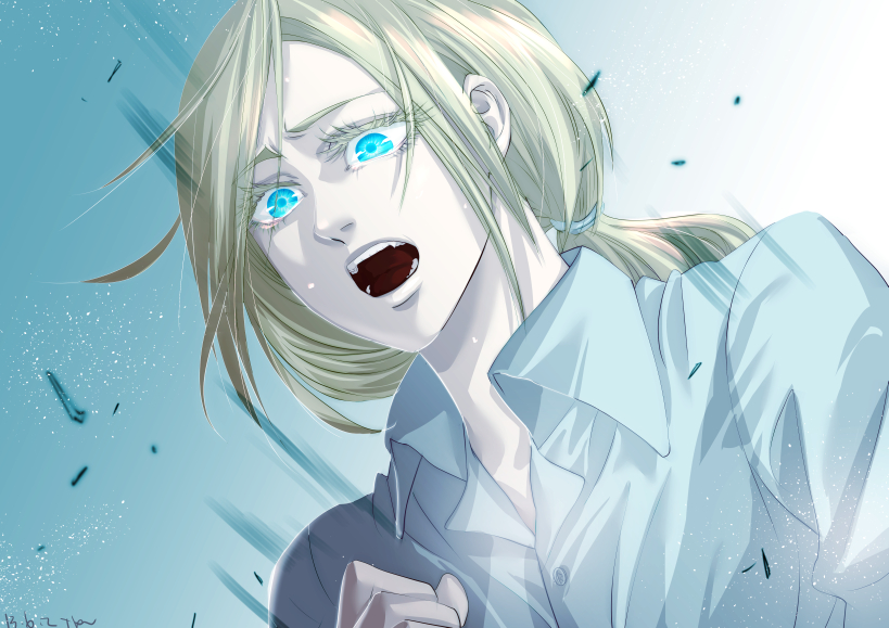 1girl, asmita, blonde_hair, blue, blue_eyes, christa_renz, colored_eyelashes, gradient