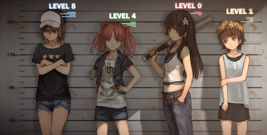 4girls, baseball_bat, baseball_cap, black_hair, brown_eyes, brown_hair, character_print, crossed_arms