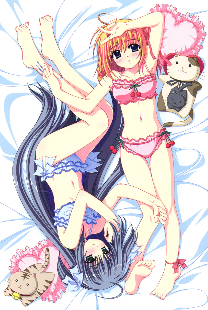 2girls, absurdres, arm_up, blue_bra, blue_eyes, blue_hair, blue_panties, bra