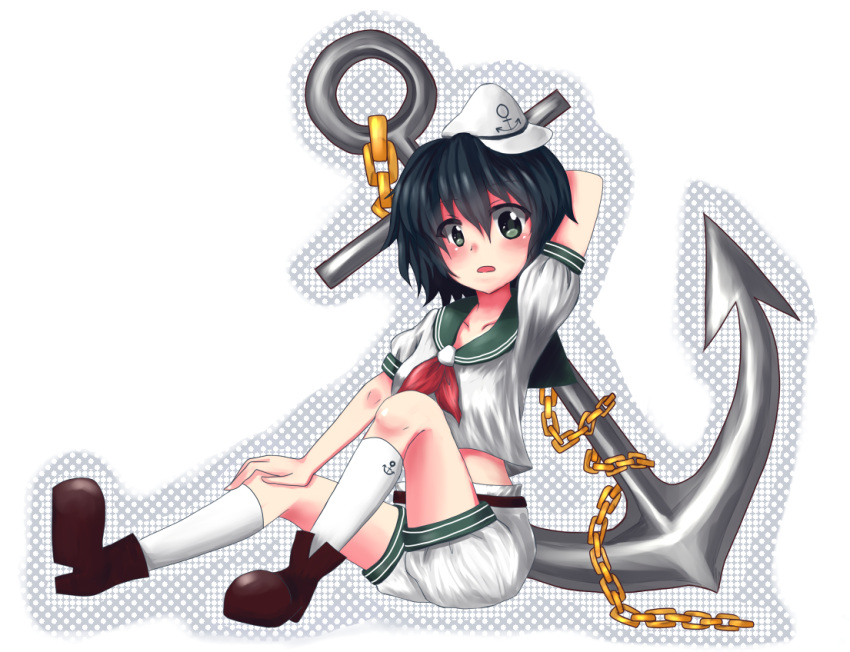 1girl, anchor, black_hair, green_eyes, hat, murasa_minamitsu, raayu, sailor_collar