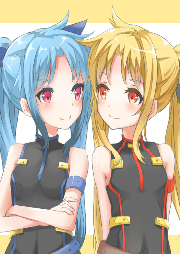 2girls, bare_shoulders, belt, blonde_hair, blue_hair, blush, fate_testarossa, hair_ribbon