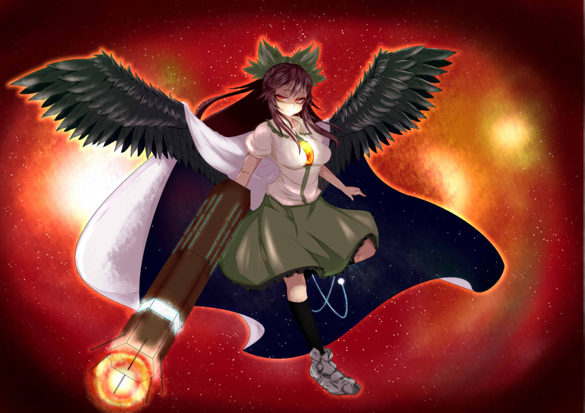 1girl, arm_cannon, aura, bird_wings, black_hair, blouse, bow, breasts