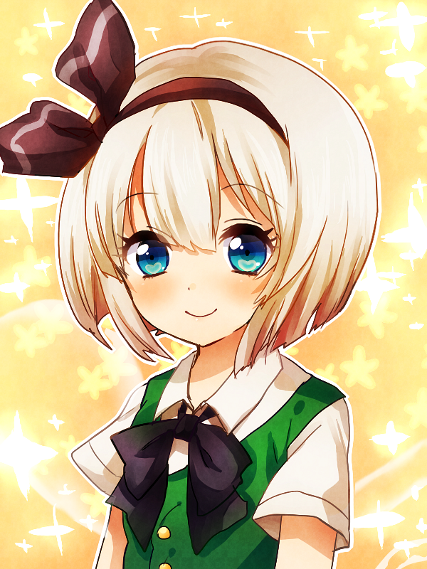 1girl, blue_eyes, bow, bowtie, hair_bow, hairband, konpaku_youmu, ribbon, shirt, short_hair, smile, solo, touhou, tyeinn-suineryuu, white_hair, yellow_background