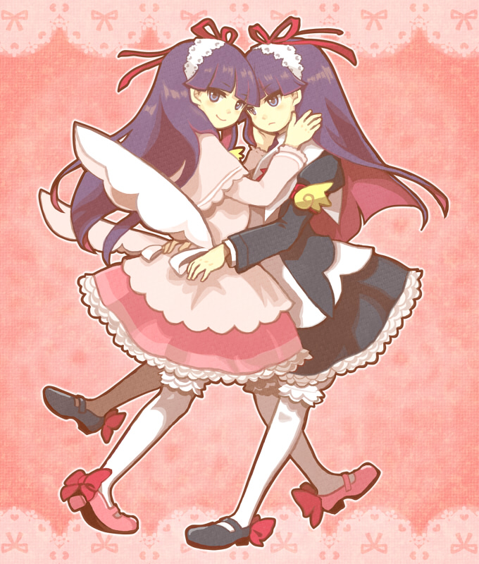 2girls, blue_eyes, bow, dress, dual_persona, feli_(puyopuyo), hair_bow, hairband