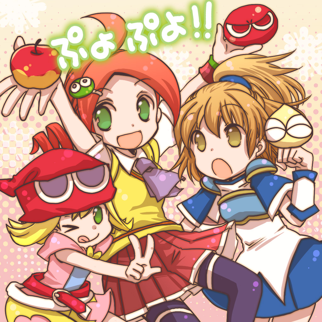 3girls, :o, :q, ahoge, amitie, amitie_(puyopuyo), andou_ringo, apple, arle_nadja, armor, armored_dress, arms_up, black_legwear, blob, blonde_hair, brown_hair, copyright_name, drill_hair, food, fruit, green_eyes, hair_ornament, hairclip, half_updo, hat, hoodie, madou_monogatari, multiple_girls, object_namesake, puyo_(puyopuyo), puyopuyo, puyopuyo_7, puyopuyo_fever, red_puyo, redhead, school_uniform, shinonome_moegi, short_hair, shorts, skirt, thigh-highs, tongue, v, wink, wrist_cuffs, yellow_eyes, yellow_puyo
