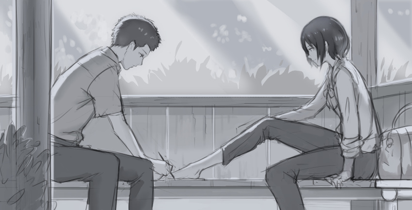 1boy, 1girl, absurdres, akizuki_takao, arm_support, bag, barefoot, bench