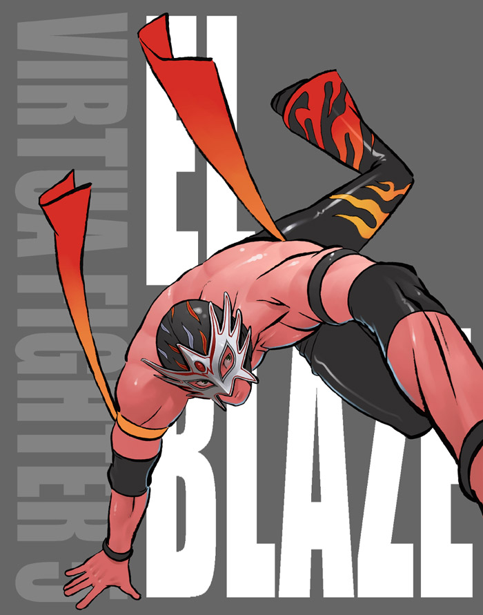 1boy, blue_eyes, el_blaze, elbow_pads, flame_print, g-room_honten, handstand, luchador