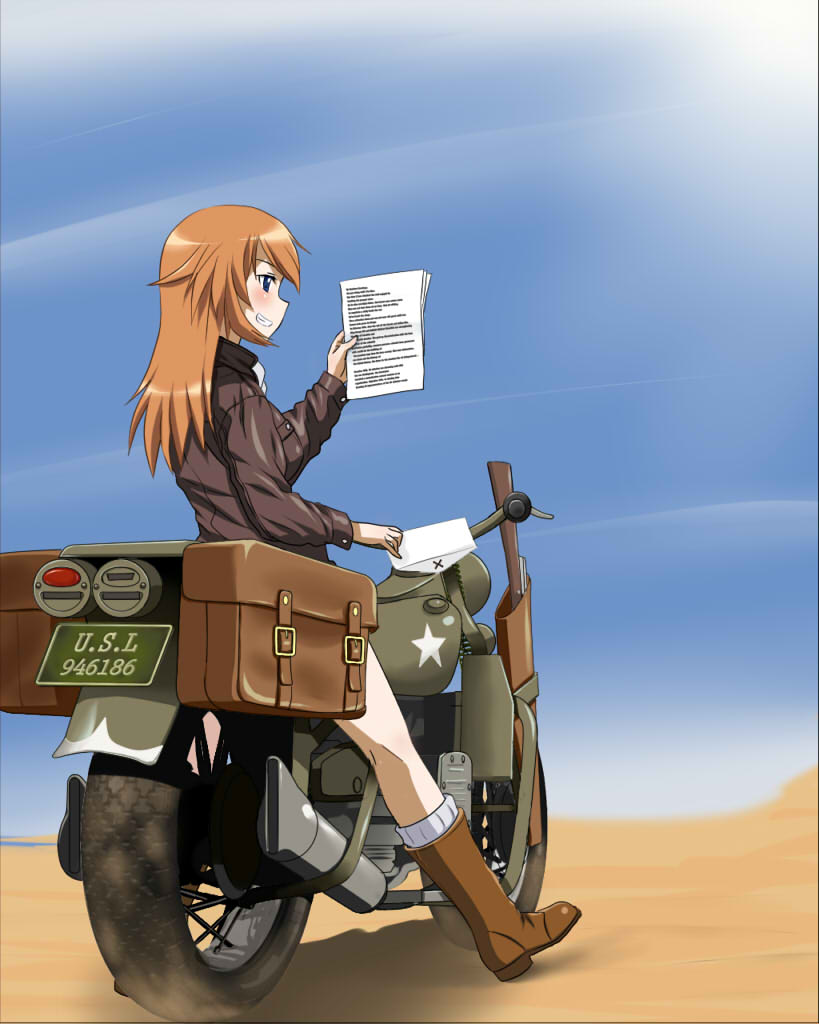 1girl, blue_eyes, brown_hair, charlotte_e_yeager, envelope, gun, holster, long_hair, map, military, military_vehicle, motor_vehicle, motorcycle, novram58, paper, rifle, smile, solo, strike_witches, vehicle, weapon