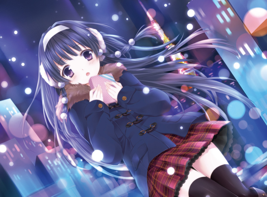 1girl, alluka_zoldyck, black_legwear, coat, earmuffs, gift, hairband, hunter_x_hunter