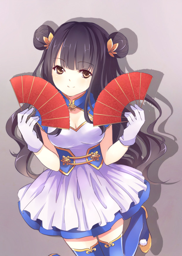 1girl, black_hair, boots, breasts, brown_eyes, cleavage, double_bun, dress
