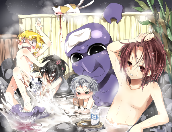 4boys, anger_vein, ao_oni, artist_request, black_eyes, blonde_hair, blood, blush