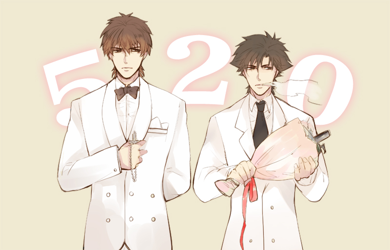 2boys, amore1989, black_eyes, black_hair, bouquet, bowtie, brown_eyes, brown_hair