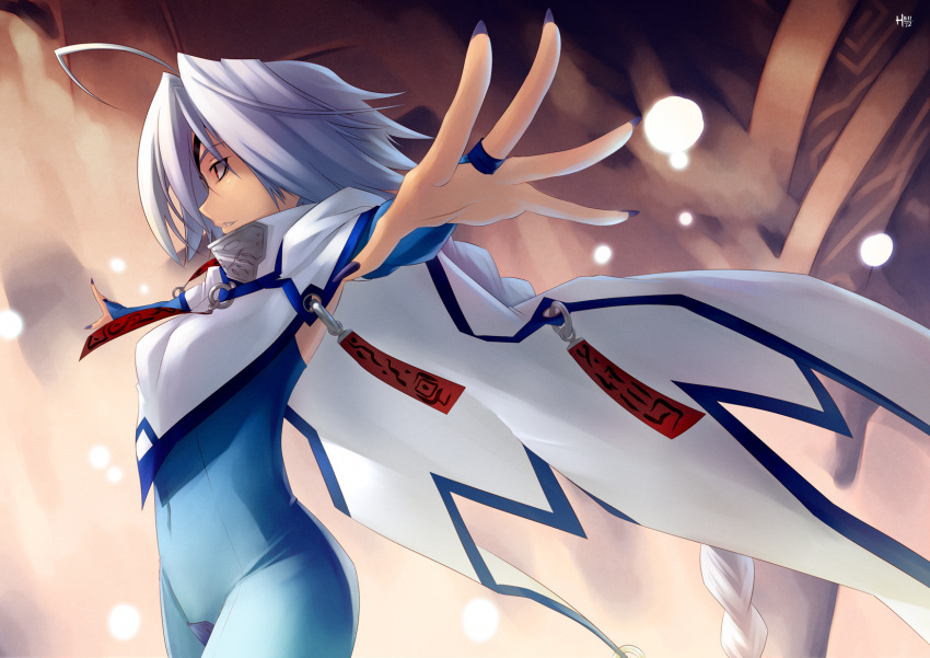 1girl, ahoge, blazblue, bodysuit, braid, bridal_gauntlets, cape, crotch_plate, elbow_gloves, eyepatch, gloves, hell_machina_(1009056), highres, long_hair, nail_polish, nu-13, ofuda, red_eyes, silver_hair, smile, solo, very_long_hair