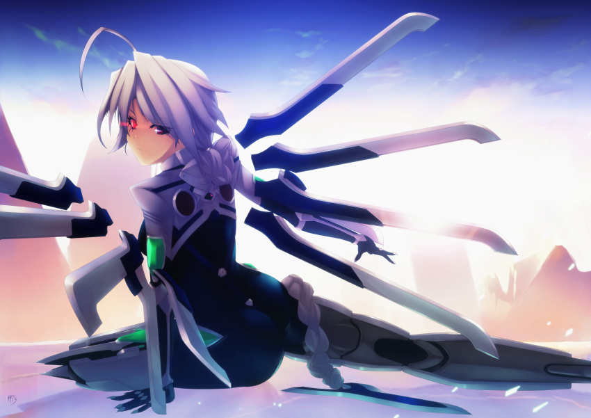 1girl, absurdres, ahoge, arm_blade, arm_support, blazblue, bodysuit, braid, glowing, glowing_eye, hell_machina_(1009056), highres, long_hair, looking_back, mecha_musume, nu-13, red_eyes, silver_hair, sitting, sky, solo, sword, weapon, yokozuwari