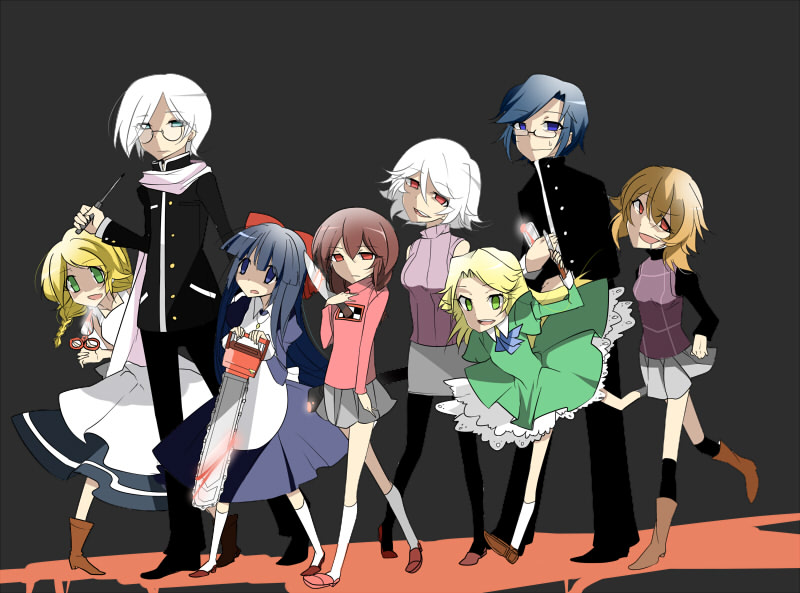 .flow, 2boys, 6+girls, ao_oni, artist_request, aya_drevis, bangs, black_background