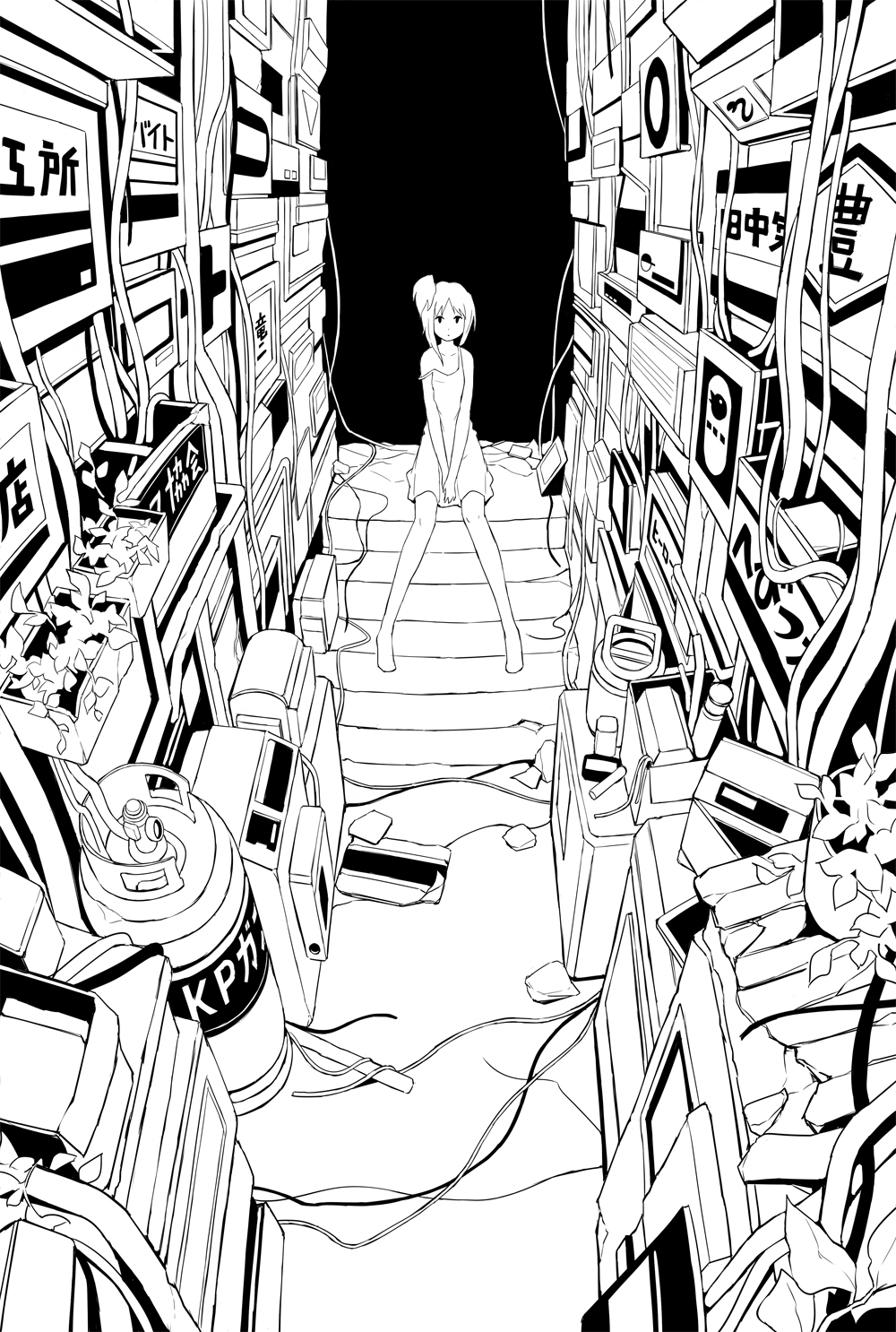 1girl, :o, barefoot, between_thighs, cable, dress, gas_tank, hebitsukai