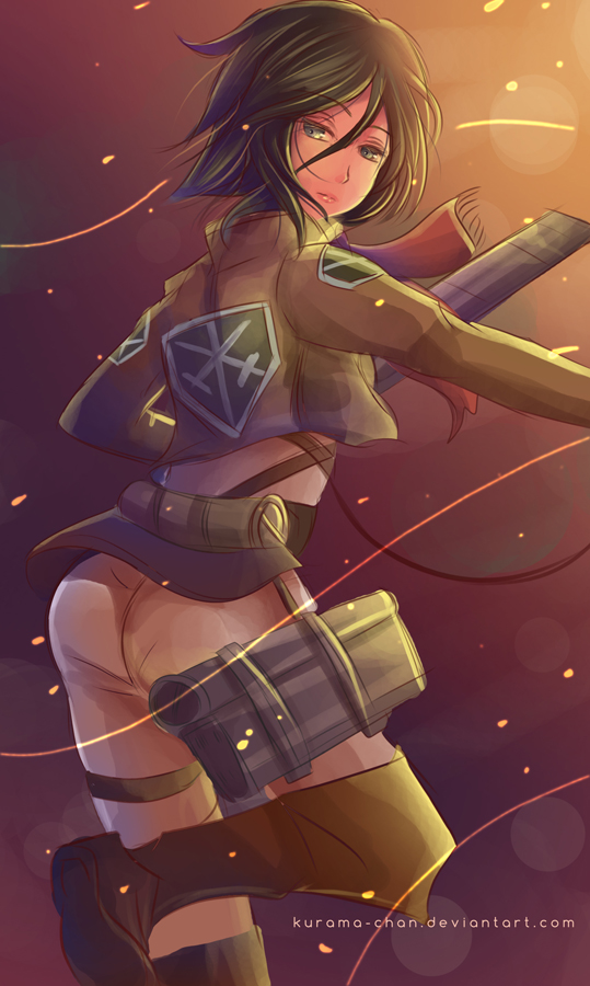 1girl, ass, black_eyes, black_hair, boots, jacket, kurama-chan, mikasa_ackerman