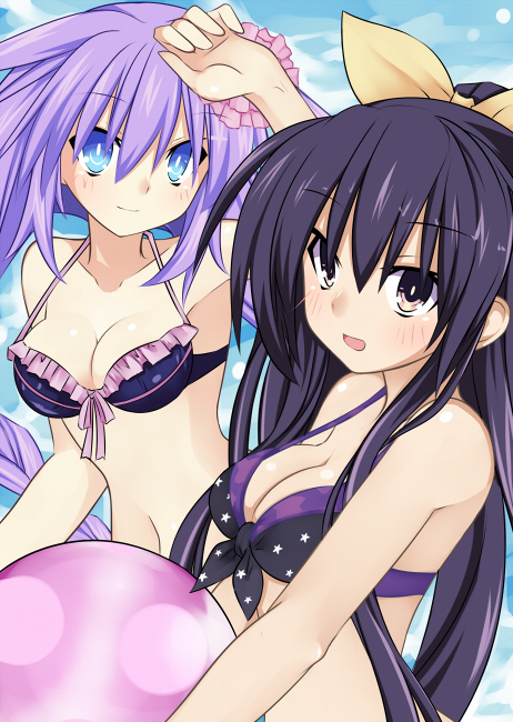 2girls, ball, belly_button, bikini, blue_eyes, braid, breasts, choujigen_game_neptune, crossover, date_a_live, long_hair, looking_at_viewer, meimu_(infinity), neptune_(choujigen_game_neptune), open_mouth, purple_hair, purple_heart, ribbon, star, swimsuit, tagme, twin_braids, twintails, very_long_hair, violet_eyes, yatogami_tooka